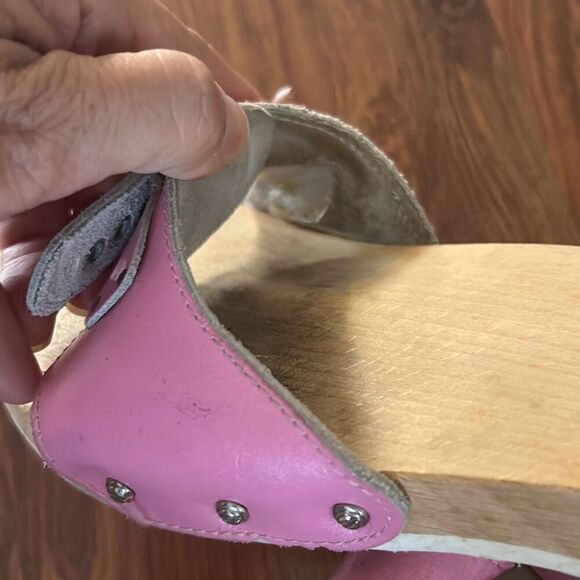 Vintage Dr Scholls pink leather wood made in Italy sandals flip-flops size 6 - Picture 5 of 6